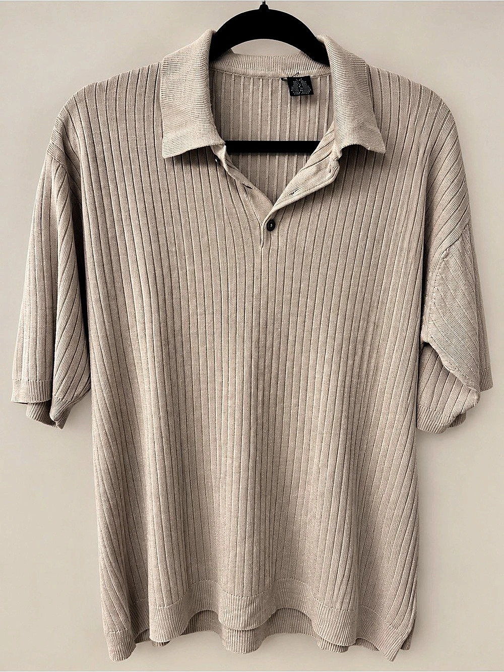 100% Silk Ribbed Polo Shirt L Neutral Quiet Luxury Old Money 90s Minimalist